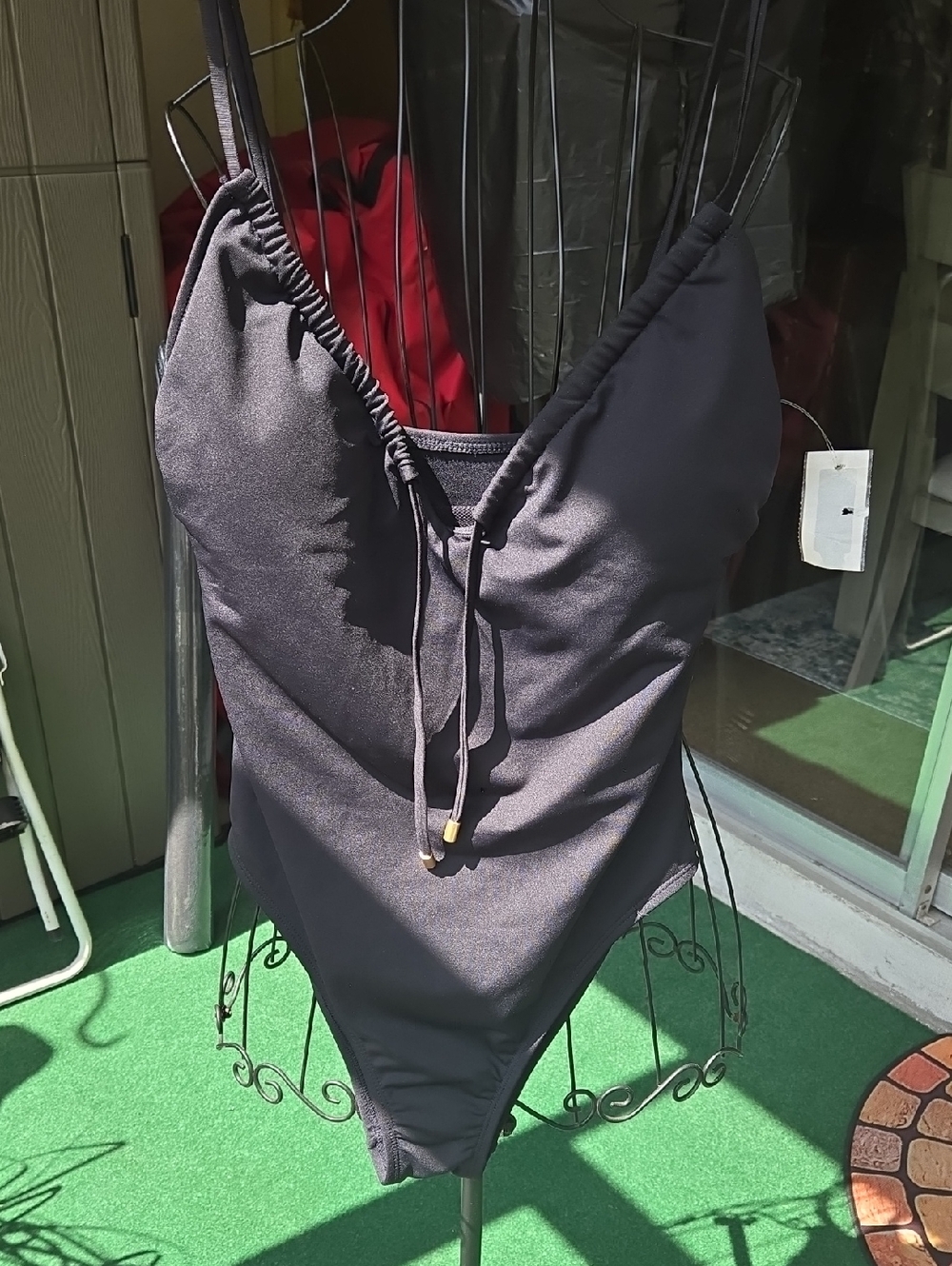 Time and Tru Black One-Piece Swimsuit with Adjustable Tie